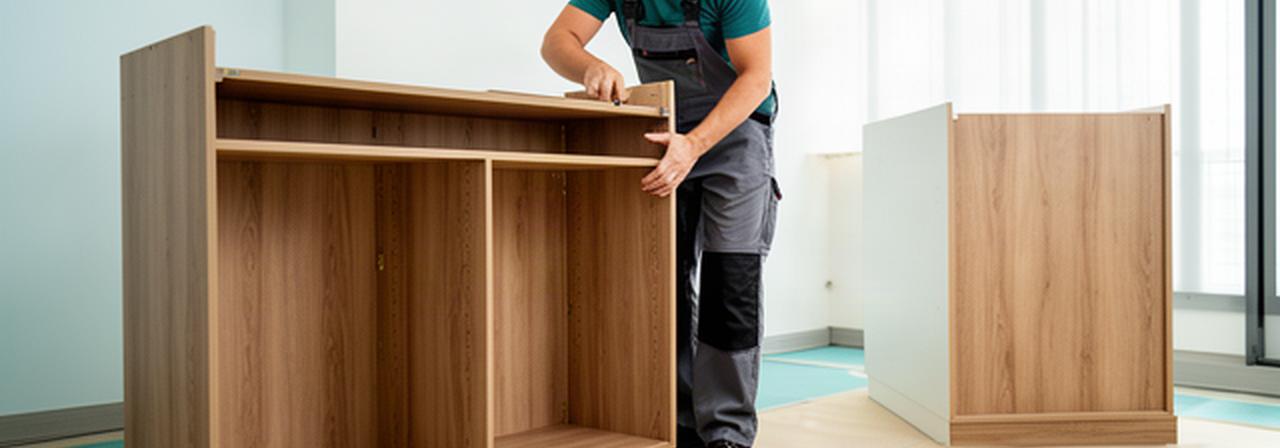 Furniture installer assembling a wooden cabinet in a bright Singapore home, with tools arranged neatly beside the work area