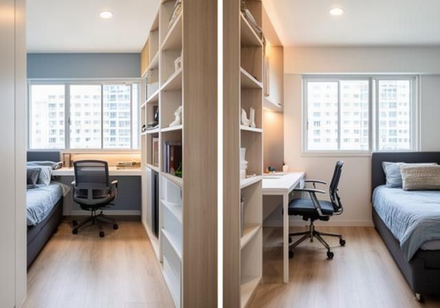 Compact home office arranged with a desk near a window, vertical shelving and a clear path through the HDB bedroom