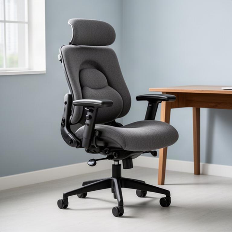 Ergonomic office chair beside a home desk, showing adjustable armrests, lumbar support and a smooth hard-floor caster base