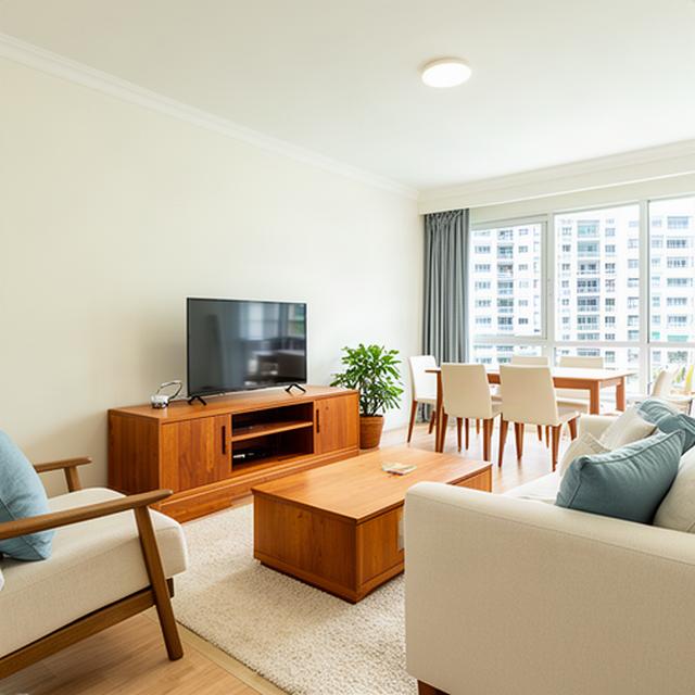 Bright Singapore apartment living room with a newly assembled wooden TV console, dining table and neatly arranged furniture