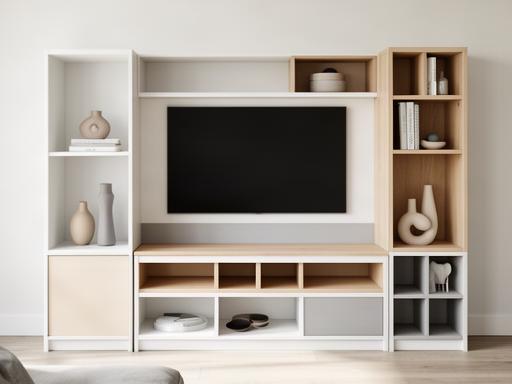 Modular living-room storage and television bench arranged against a pale wall