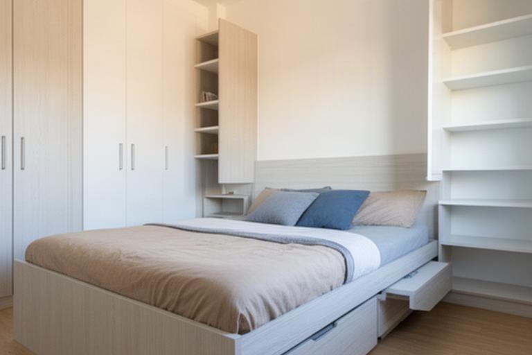 Wardrobes, a storage bed and shelving arranged in a Bedok five-room HDB bedroom after assembly