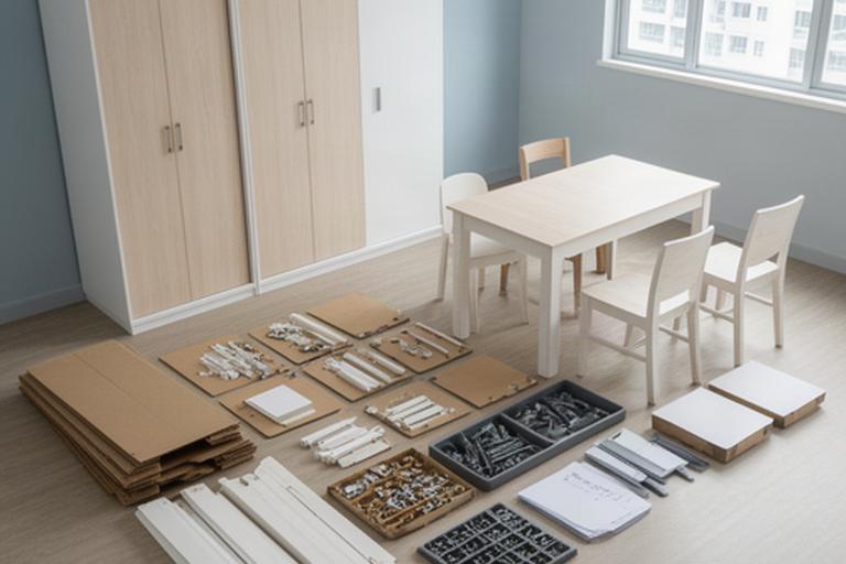 Imported flat-pack wardrobe and dining set unpacked in a Jurong rental apartment for parts checking