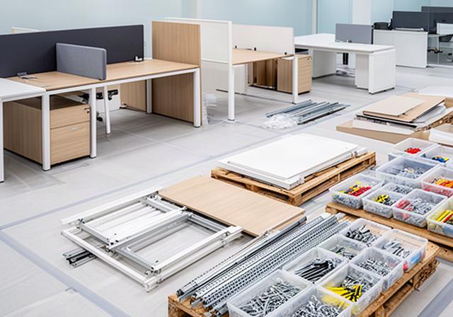 Office workstation components separated and arranged by desk during a planned office decommissioning