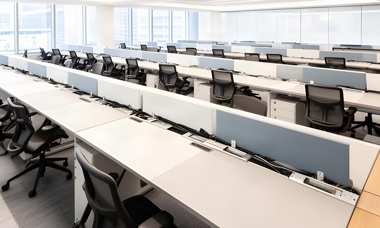 Rows of assembled office benching with fitted cable trays and aligned ergonomic chairs in a bright Singapore workspace