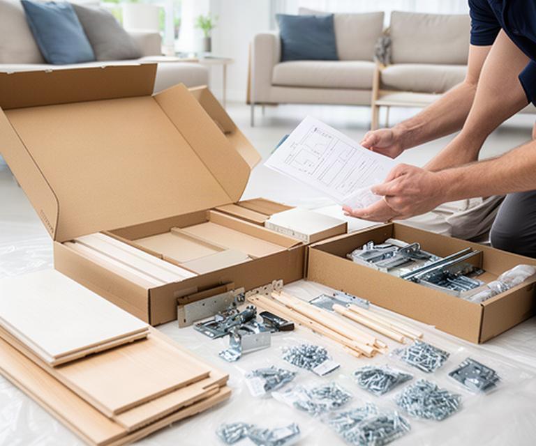 Open flat-pack furniture cartons beside labelled panels and fittings being checked in a bright Singapore apartment